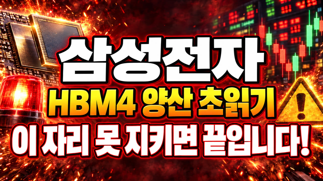 썸네일 내장 디자인 — 속보 불꽃형: 붉은 경보 배경, 흰 종목명, 노란 입체 문구, 경고 삼각형