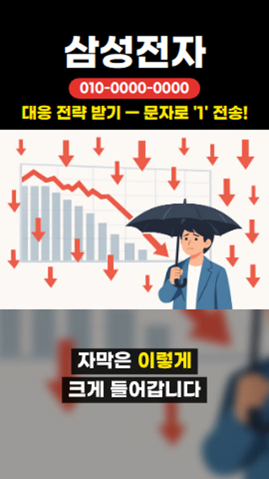 쇼츠 템플릿 — 문자 유입형: 상단에 흰 종목명과 빨간 전화번호 알약(자리표시 번호), 문자 유도 한 줄